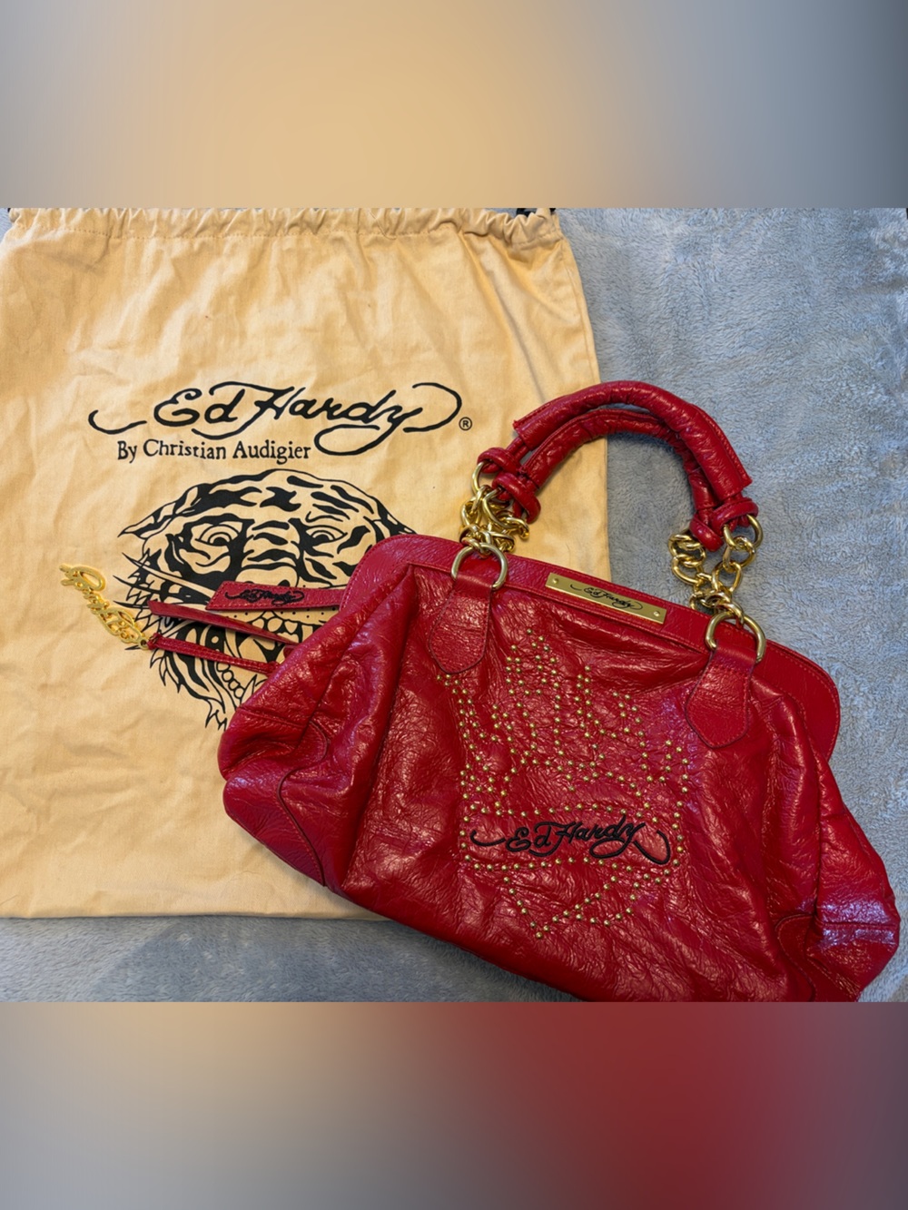 Ed Hardy Red PVC Studded Shoulder Bag with Gold Hardware